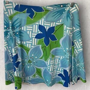 Before + Again A-Line Skirt L Blue Green Floral Stretch Pull-On Skirt